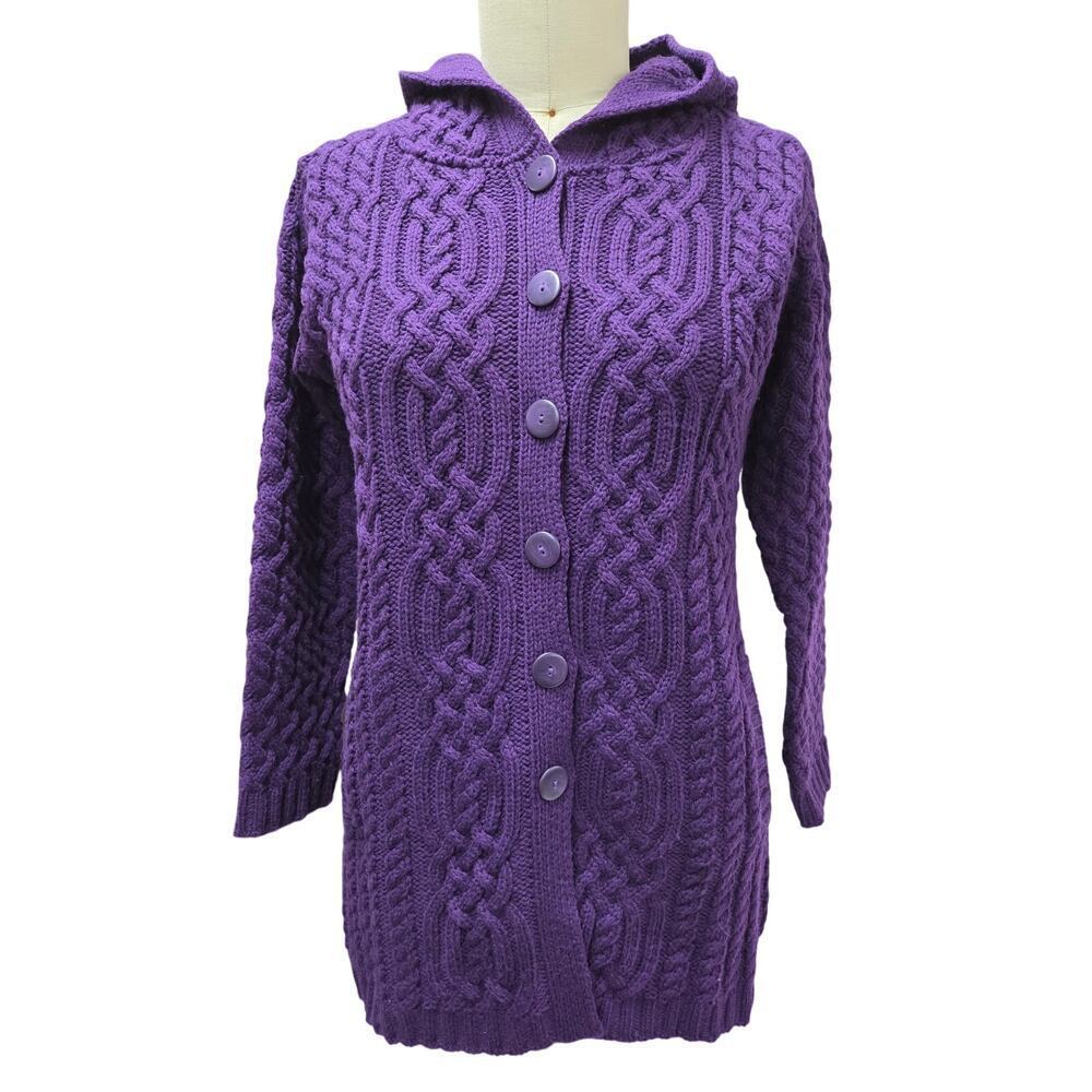 Aran Crafts Ireland Merino Wool Hooded Cable Knit Cardigan Purple XS NWOT